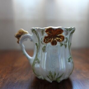 Vintage Miniature Porcelain Demitasse Cup White Gold Shamrock Clover Collectible